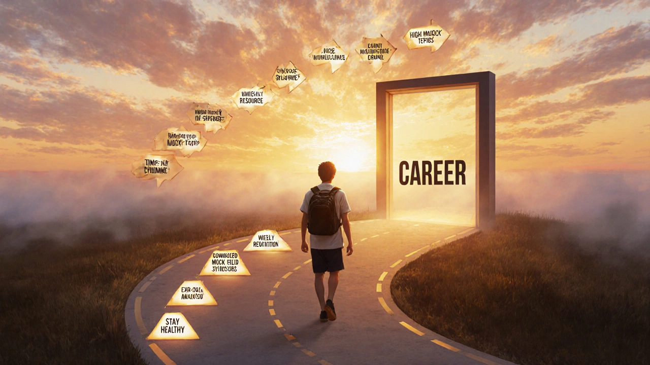 Winding roadmap of preparation steps leading to a bright doorway labeled 'Career' at sunrise.